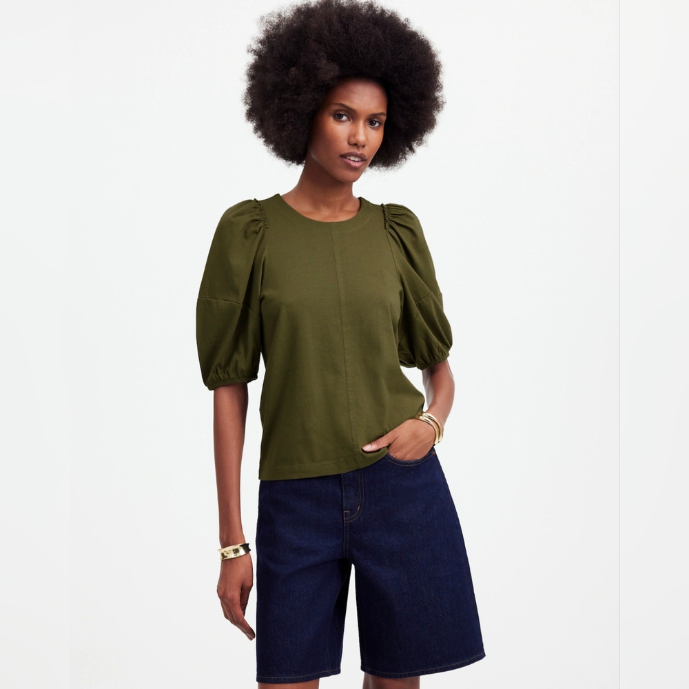 NWT Madewell Women's Green Puff-Sleeve Top XXS Casual Office Cotton New